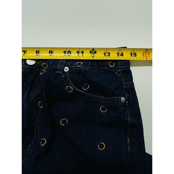 Cider Dark Wash "C" Scatter Logo Wide Leg Flare Denim Jeans Womens Large - Picture 13 of 13